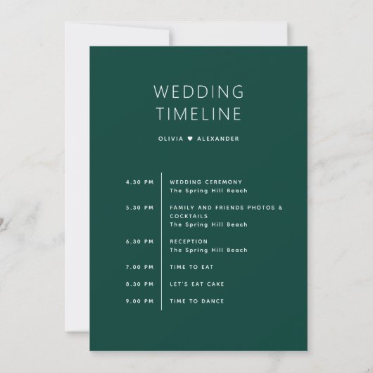 Deep Teal Green Timeline. Forest Wedding Itinerary 招待状 (裏面)