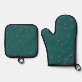 Deep Teal Japanese Deep Pink Cosmos Floral Pattern 鍋つかみ&鍋敷きセット