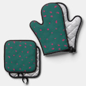 Deep Teal Japanese Deep Pink Cosmos Floral Pattern 鍋つかみ&鍋敷きセット (正面/裏面)