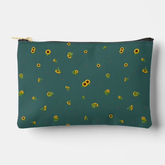 Deep Teal Japanese Sunflower Floral Pattern アクセサリーポーチ (正面)