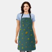 Deep Teal Japanese Sunflower Floral Pattern エプロン (着用した状態)