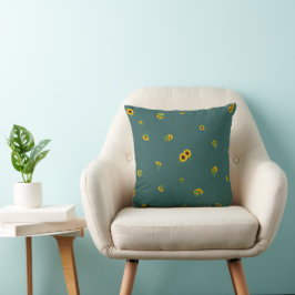 Deep Teal Japanese Sunflower Floral Pattern クッション