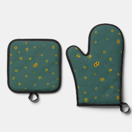 Deep Teal Japanese Sunflower Floral Pattern 鍋つかみ&鍋敷きセット