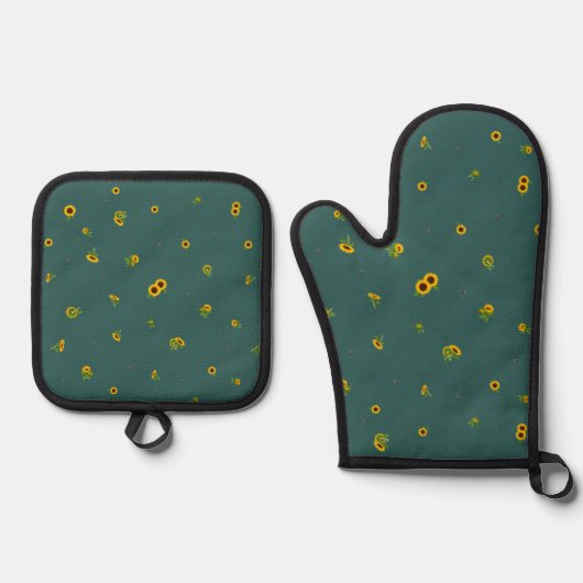 Deep Teal Japanese Sunflower Floral Pattern 鍋つかみ&鍋敷きセット (正面)