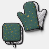 Deep Teal Japanese Sunflower Floral Pattern 鍋つかみ&鍋敷きセット (正面/裏面)