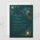 Deep Teal Jewel Floral Wedding 招待状 (正面)