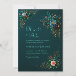 Deep Teal Jewel Floral Wedding 招待状