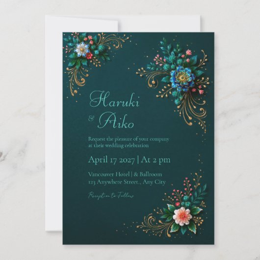 Deep Teal Jewel Floral Wedding 招待状 (正面)