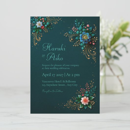 Deep Teal Jewel Floral Wedding 招待状 (スタンド正面)