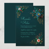 Deep Teal Jewel Floral Wedding 招待状 (正面/裏面)