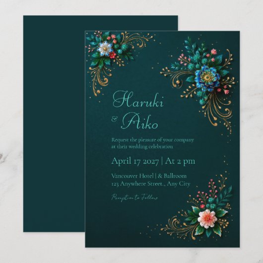 Deep Teal Jewel Floral Wedding 招待状 (正面/裏面)