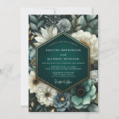 Deep Teal Lush Bloom Wedding 招待状 (正面)
