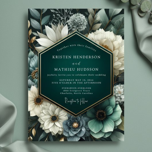 Deep Teal Lush Bloom Wedding 招待状