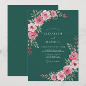 Deep Teal Lustrous Floral Wedding 招待状 (正面/裏面)