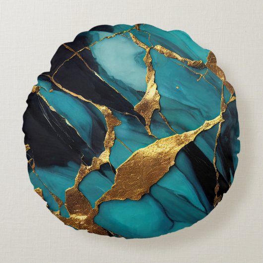 Deep Teal Marble with Bold Gold Veins ラウンドクッション (正面)