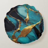 Deep Teal Marble with Bold Gold Veins ラウンドクッション (裏面)