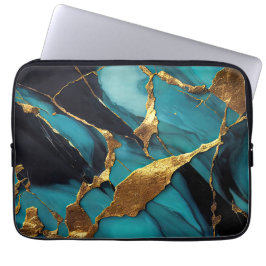 Deep Teal Marble with Bold Gold Veins ラップトップスリーブ