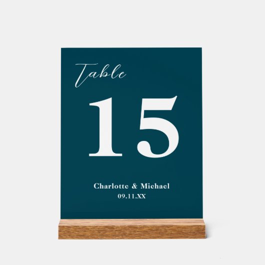 Deep Teal Minimalist Wedding Table Number アクリルサイン (正面)
