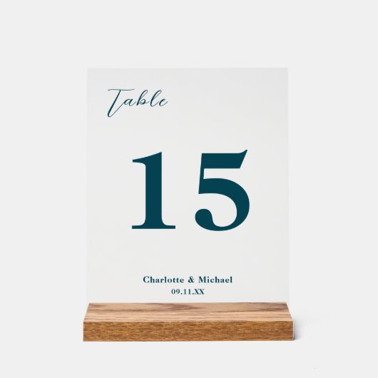Deep Teal Minimalist Wedding Table Number アクリルサイン (正面)