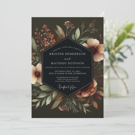 Deep Teal Moody Bloom Wedding 招待状 (スタンド正面)