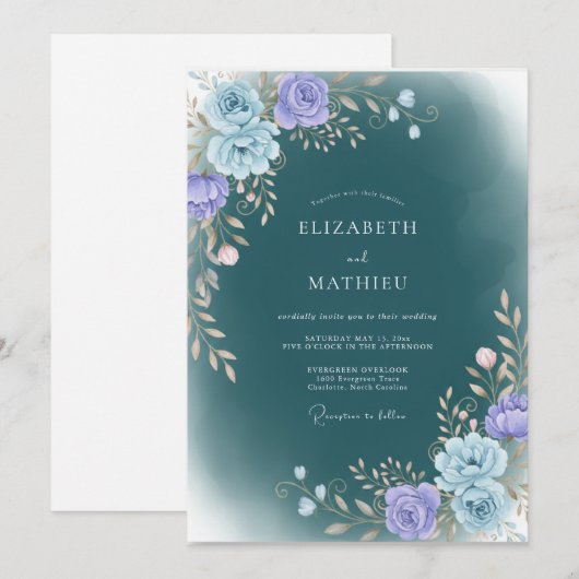 Deep Teal Moody Winter Wedding 招待状 (正面/裏面)