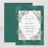 Deep Teal Romantic Botanical Wedding 招待状 (正面/裏面)