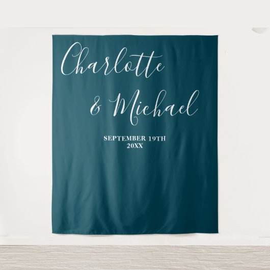 Deep Teal Script Minimalist Wedding Backdrop タペストリー (正面)