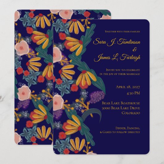 Deep Wildflower Garden Illustrated Wedding 招待状 (正面/裏面)