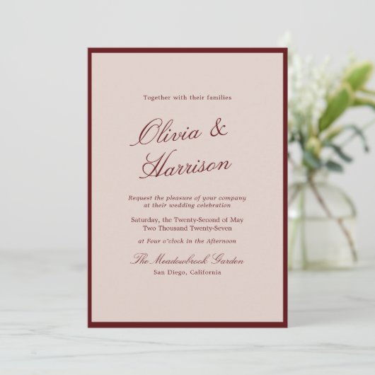 Deep Wine Old Money Calligraphy Wedding Invitation 招待状 (スタンド正面)