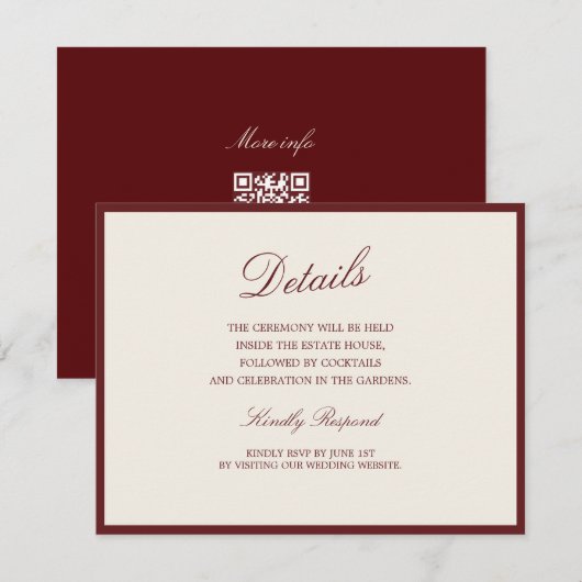 Deep Wine Old Money QR Wedding Details Card エンクロージャーカード (正面/裏面)