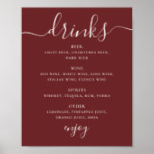 Deep Wine Red Wedding Drinks Menu. Modern Bar Sign ポスター (正面)