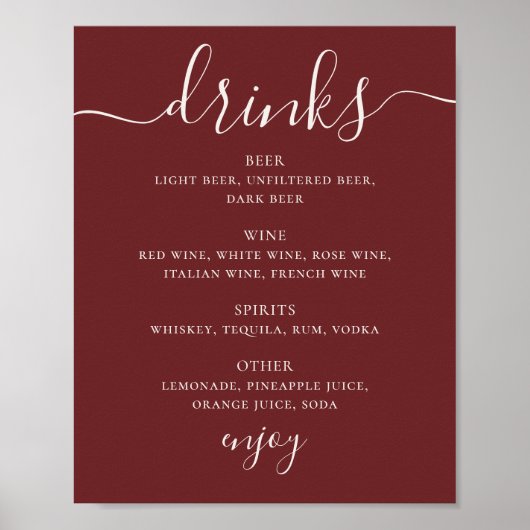Deep Wine Red Wedding Drinks Menu. Modern Bar Sign ポスター (正面)