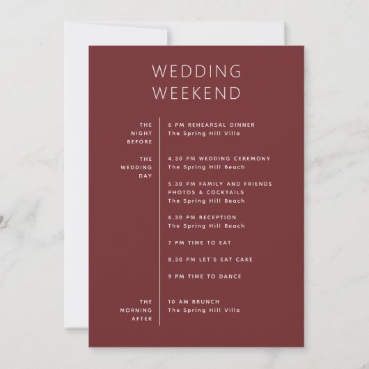 Deep Wine Red Wedding Timeline | Modern Itinerary 招待状 (裏面)