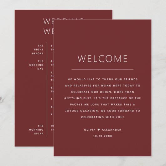 Deep Wine Red Wedding Timeline | Modern Itinerary 招待状 (正面/裏面)