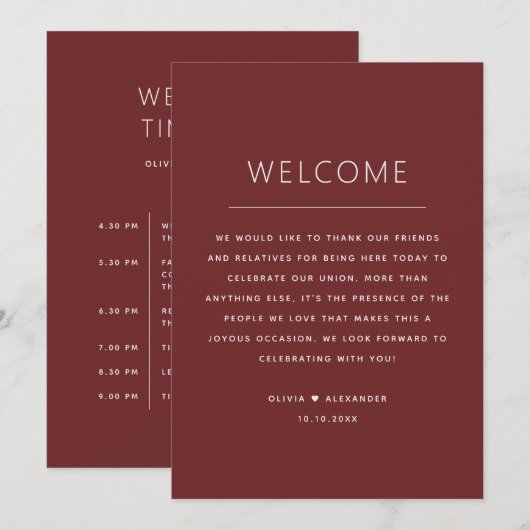 Deep Wine Red Wedding Timeline. Schedule + Welcome 招待状 (正面/裏面)
