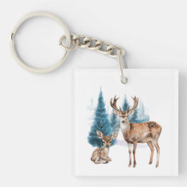 Deer and doe with snowy pine tree キーホルダー