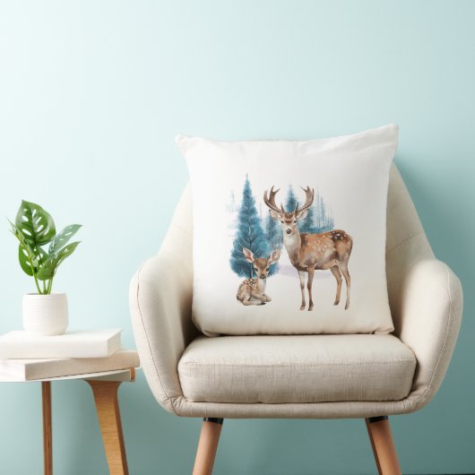 Deer and doe with snowy pine tree クッション (椅子)