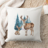 Deer and doe with snowy pine tree クッション (ブランケット)