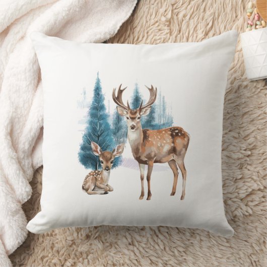 Deer and doe with snowy pine tree クッション (ブランケット)