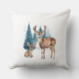 Deer and doe with snowy pine tree クッション