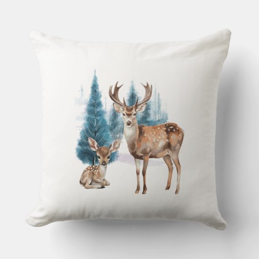 Deer and doe with snowy pine tree クッション (正面)