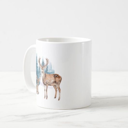 Deer and doe with snowy pine tree コーヒーマグカップ (正面左)