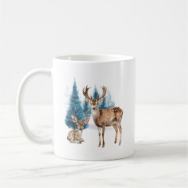 Deer and doe with snowy pine tree コーヒーマグカップ