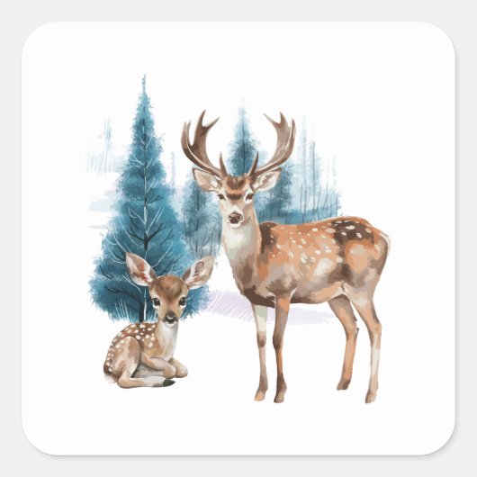 Deer and doe with snowy pine tree スクエアシール (正面)
