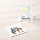 Deer and doe with snowy pine tree スクエアペーパーコースター (インサイチュ)