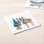 Deer and doe with snowy pine tree スクエアペーパーコースター (アングル)