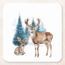 Deer and doe with snowy pine tree スクエアペーパーコースター