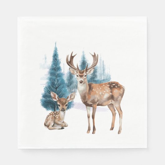 Deer and doe with snowy pine tree スタンダードランチョンナプキン (正面)