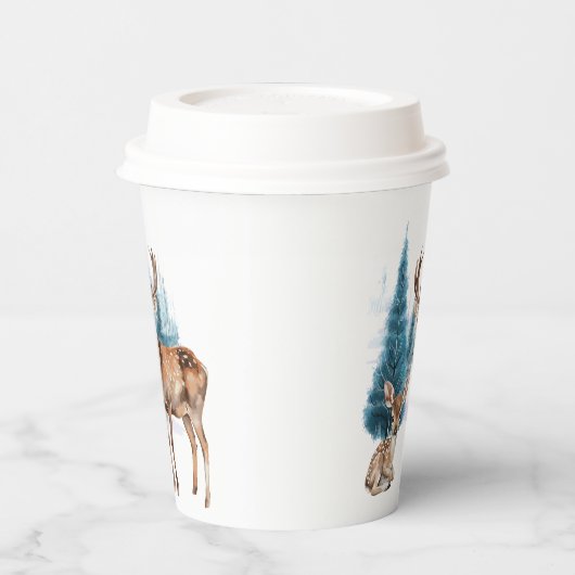 Deer and doe with snowy pine tree 紙コップ (左)