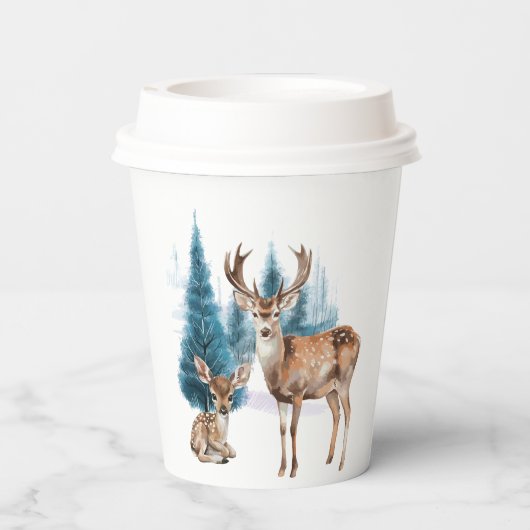 Deer and doe with snowy pine tree 紙コップ (裏面)